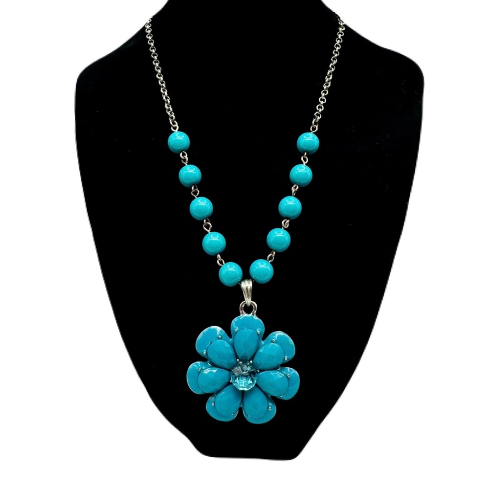 Silver Adjustable Turquoise Beaded Rhinestone Necklace w Flower Pendant